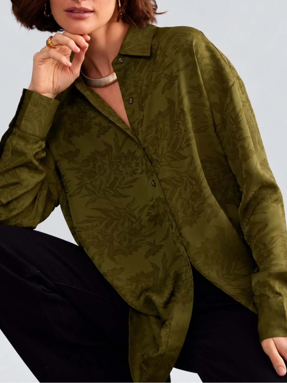 Favorite Daughter The Ex-Boyfriend Shirt in Tonal Floral Dark Green